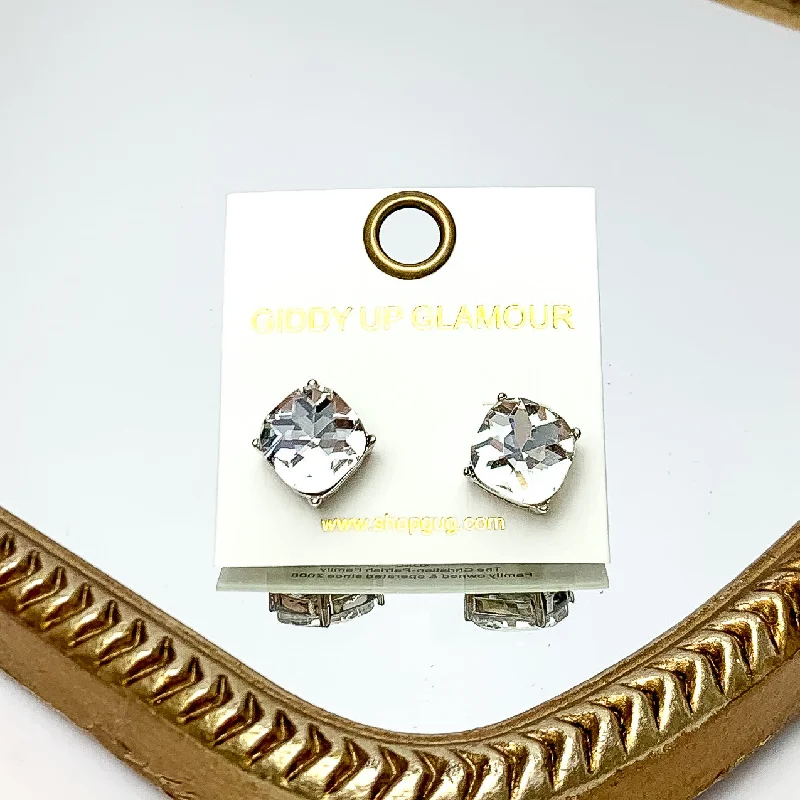 Designer Earrings for Special Occasions-Large Clear Crystal Stud Earrings in Silver Tone