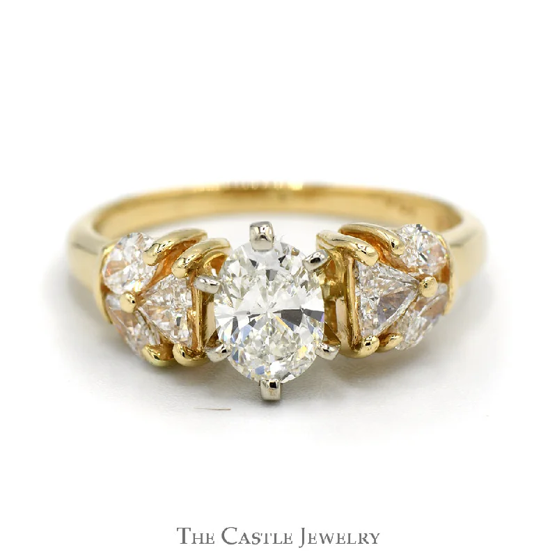 Wedding Ring for Special Occasions-1.6cttw Oval Diamond Solitaire with Trillion Cut and Marquise Cut Accents in 14k Yellow Gold