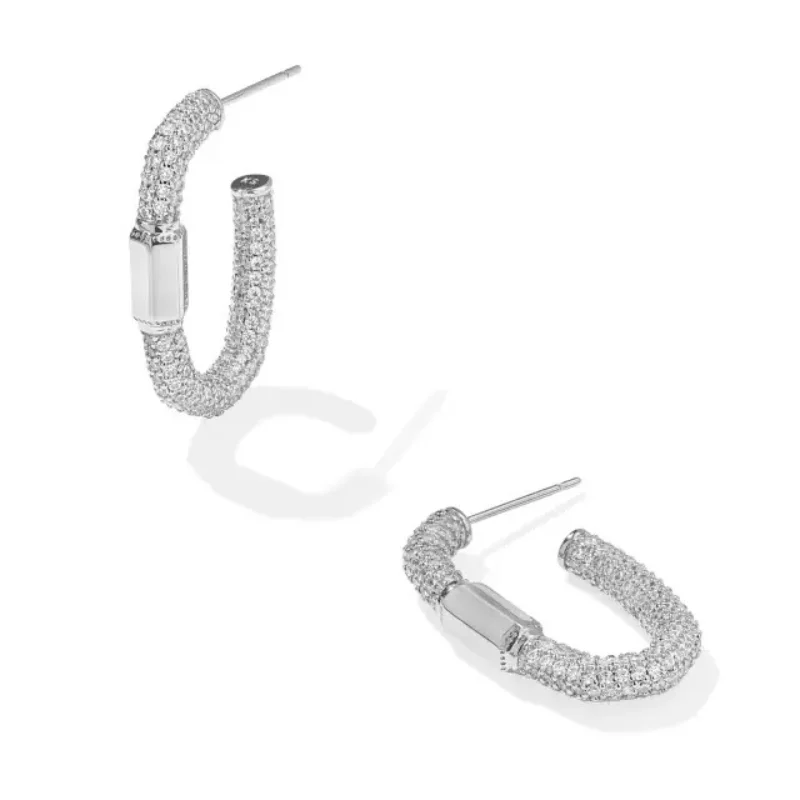 Heart Shaped Earrings-Kendra Scott | Emery Silver Hoop Earrings in White Crystal