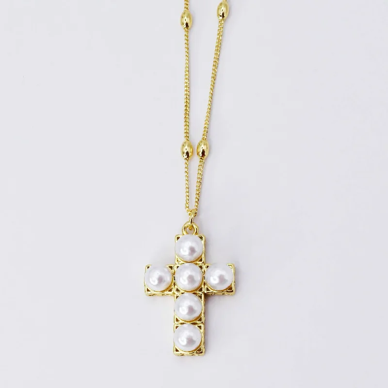 Handmade Gold Necklace-Pearl Cross Necklace F12