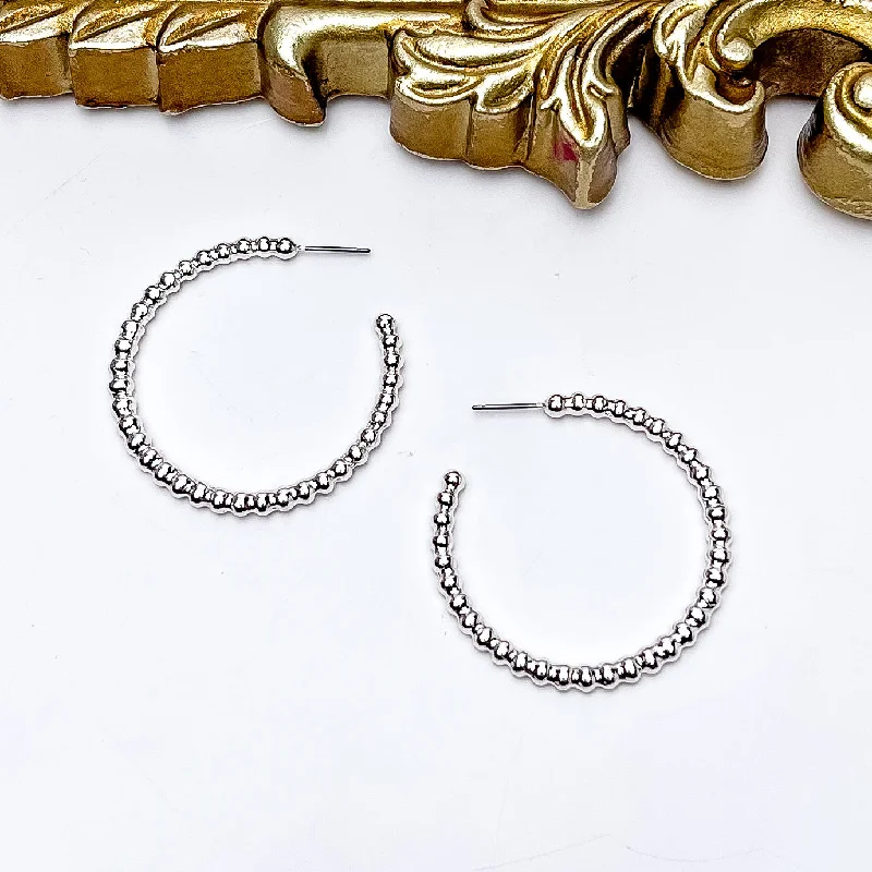 Classic Gold Earrings-Silver Tone Connecting Beads Hoop Earrings