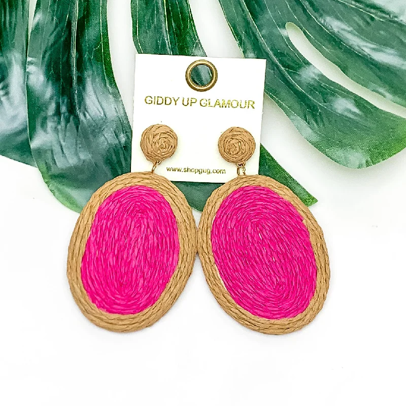 Pearl and Diamond Earrings-Brunch Bash Raffia Wrapped Oval Earrings in Hot Pink