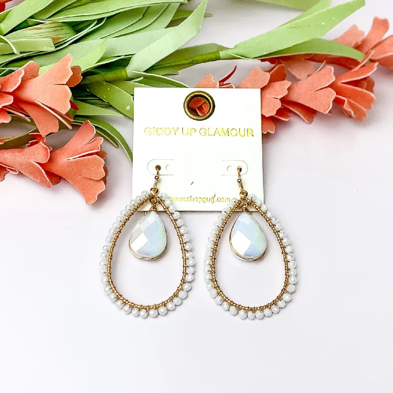 Bridal Earrings with Crystals-White Iridescent Stone Inside Open Beaded Teardrop Earrings with Gold Tone Outline