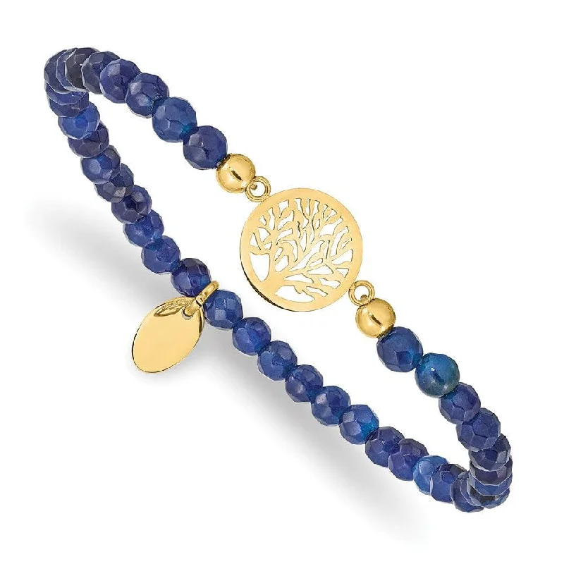 Gemstone Bracelet for Wedding Day-Stainless Steel Polished Yellow IP Tree of Life Blue Jade Stretch Bracelet