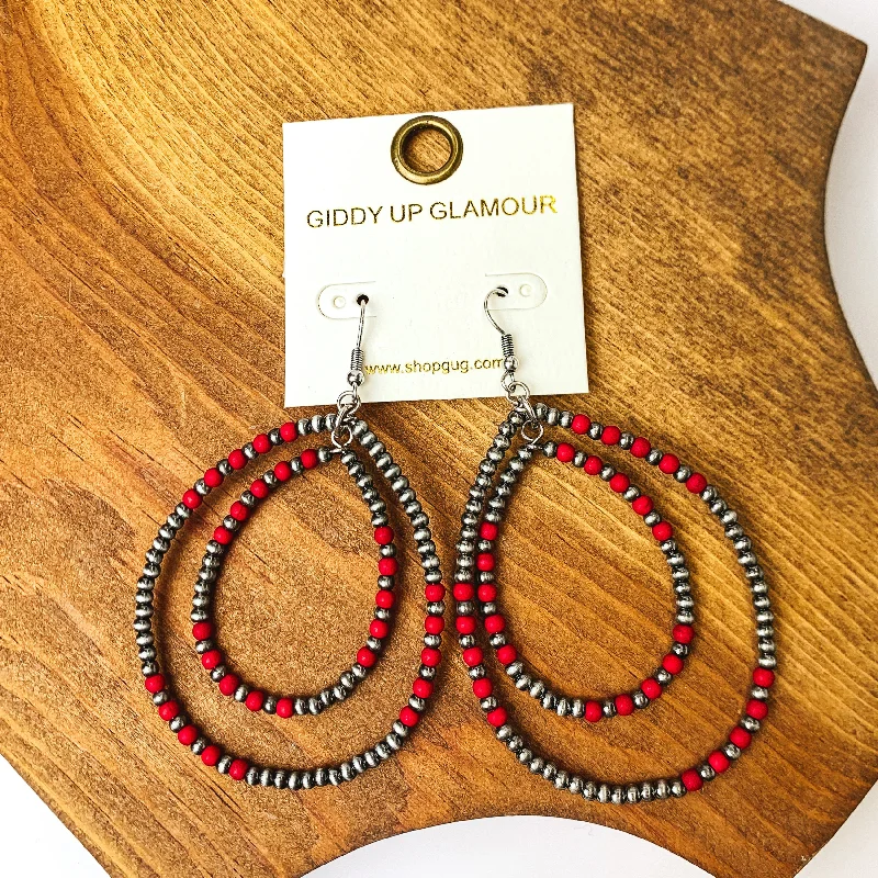 Sterling Silver Earrings for Women-Beaded Open Double Drop Earrings in Silver Tone and Red