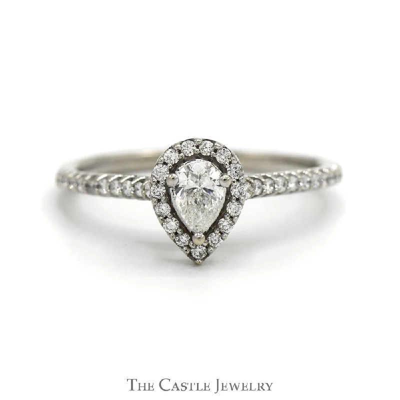 Elegant Diamond Ring-Pear Cut Diamond Engagement Ring with Diamond Halo and Accented Sides in 14k White Gold