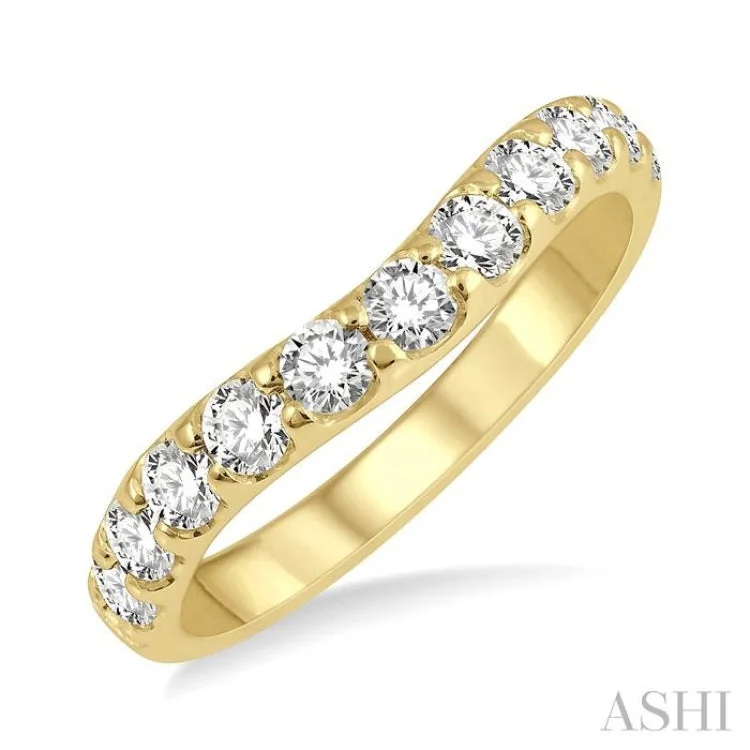 Custom Birthstone Ring-3/4 Ctw Arched Center Round Cut Diamond Wedding Band in 14K Yellow Gold