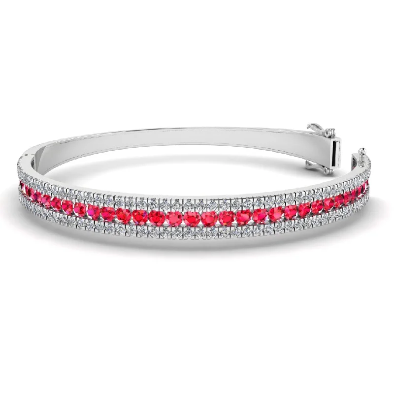 Dainty Silver Bracelet-Round Brilliant 4.05 Carat Ruby and Diamond 3 Rows Bangle BAN1R