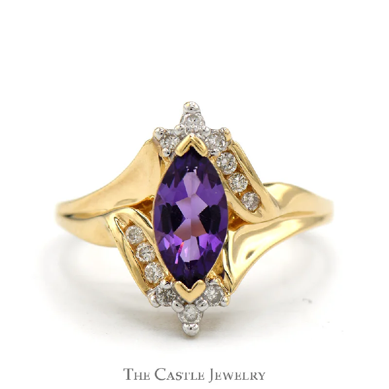 Platinum Wedding Ring-Marquise Cut Amethyst ring with Round Diamond Accents in 10k Yellow Gold