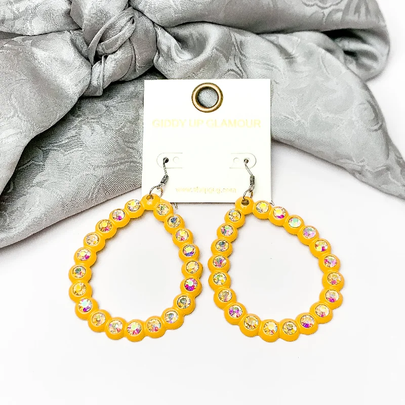 Sparkling Gold Earrings-Open Teardrop Earrings with AB Crystal Outline in Yellow