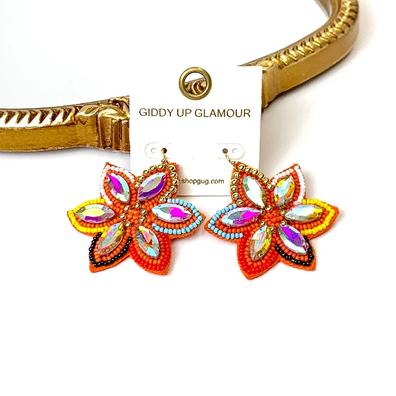 Party Earrings for Bridesmaids-Desert Daisy Multicolored Flower Shaped Earrings with AB Crystal Accents in Red