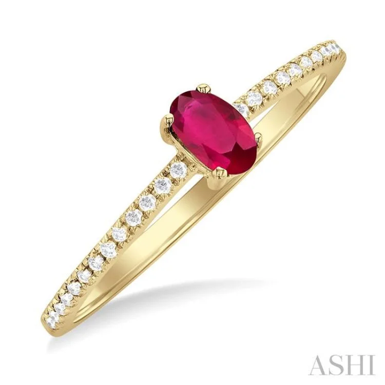 Custom Engagement Ring for Couple-1/10 ctw Petite 5X3MM Oval Cut Ruby and Round Cut Diamond Precious Fashion Ring in 10K Yellow Gold