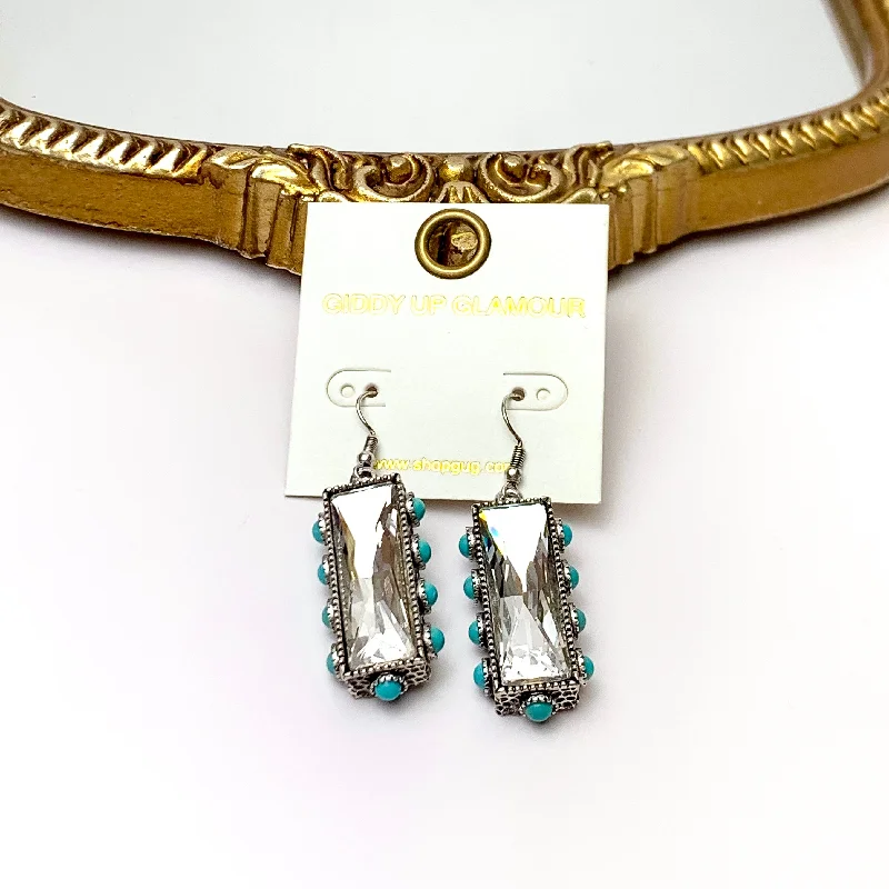 Modern Bridal Earrings-Clear Crystal Bar Drop Earrings with Faux Turquoise Border Accents