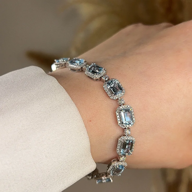 Bohemian Charm Bracelet-Emerald Shape 11 Carat Aquamarine Tennis Bracelet Featuring Diamond Halo BRHAEC