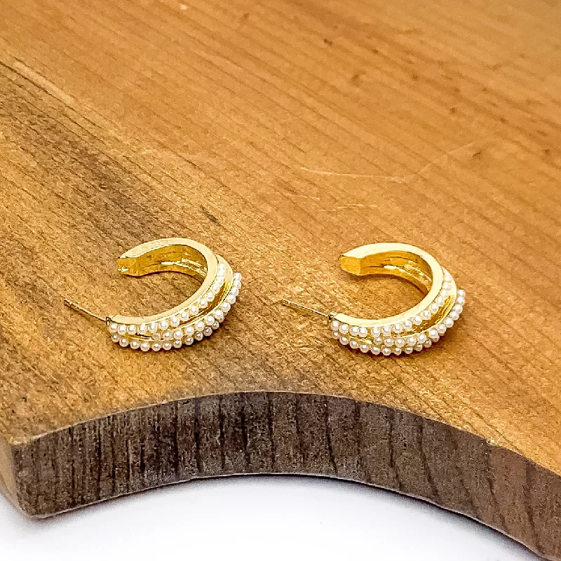 Handmade Earrings for Weddings-Small Gold Tone Hoop Earrings Outlined in Pearls