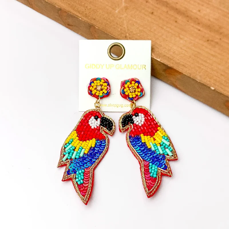 Elegant Jewelry Earrings-Beaded Parrot Earrings in Red