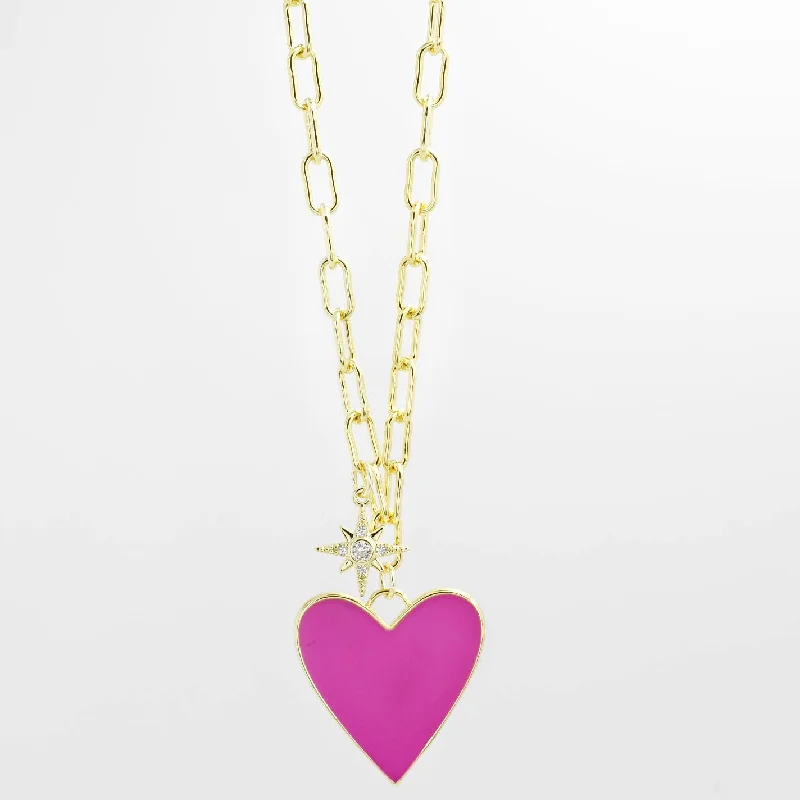 Bridal Necklace with Rubies-Enamel Heart/Star Necklace Hot Pink J5