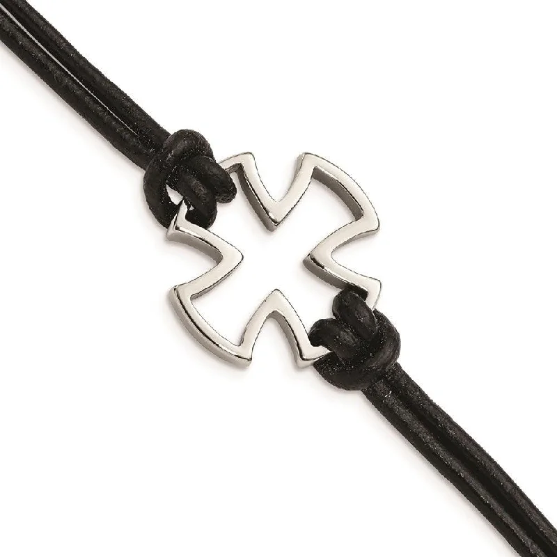 Modern Silver Bracelet-Stainless Steel Polished Cross Black Leather Bracelet