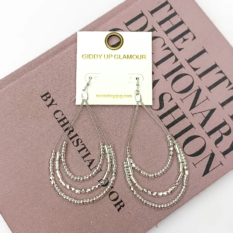 Diamond Hoop Earrings-Layered Open Teardrop Earrings With Beads in Silver Tone