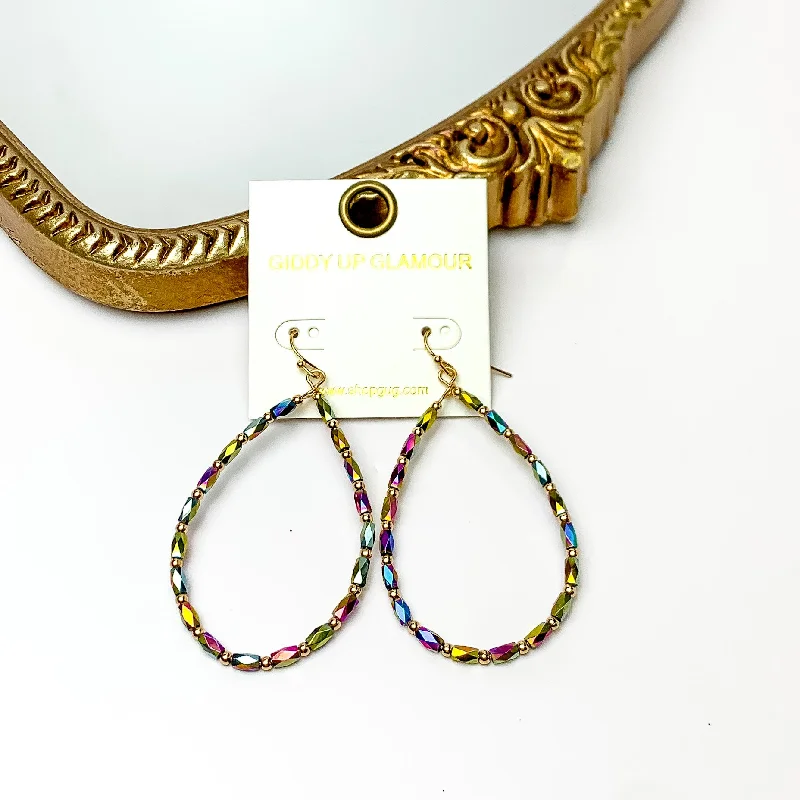 Custom Engraved Earrings-Multicolor Beaded Open Drop Earrings with Gold Tone Spacers