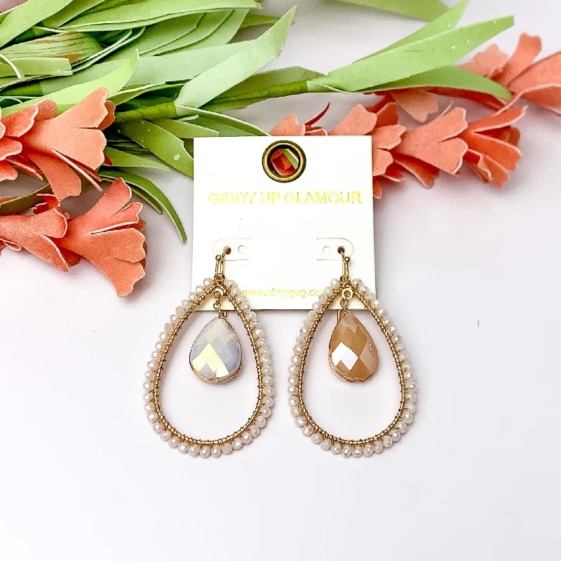 Gold Earrings with Crystals-Ivory Stone Inside Open Beaded Teardrop Earrings with Gold Tone Outline