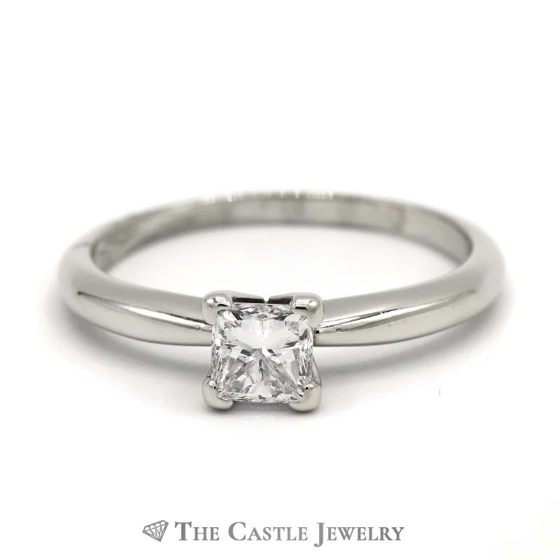 Classic Wedding Band with Diamonds-Princess Cut Diamond Solitaire .55ct Engagement Ring in 14K White Gold