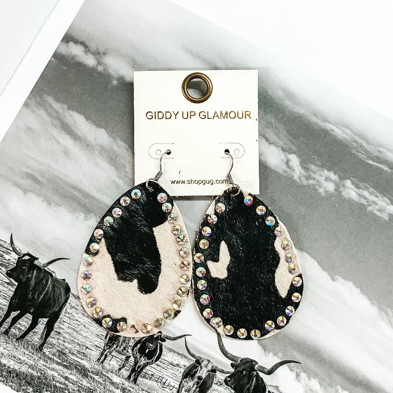 Luxury Earrings for Wedding-Faux Cowhide Teardrop Earrings with AB Crystal Outline in White and Black Cow Print