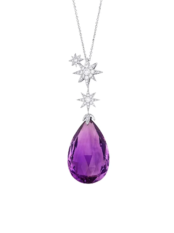 Elegant Necklace with Rubies-Cabaret Amethyst and Diamond Platinum Star Pendant