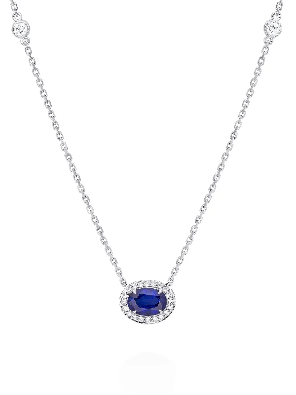 Classic Wedding Necklace-Vintage Oval Sapphire Platinum Pendant