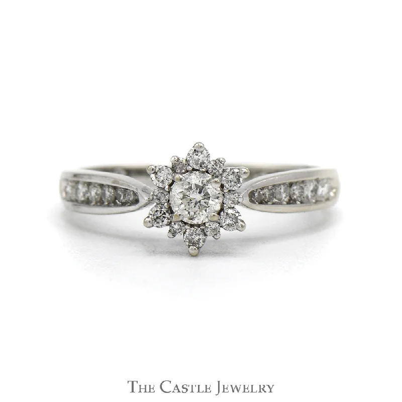 Dazzling Engagement Ring Set-Flower Design Engagement Ring .38CTTW With .15CT Round Diamond And Diamonds In Halo And Down Sides In 10KT White Gold