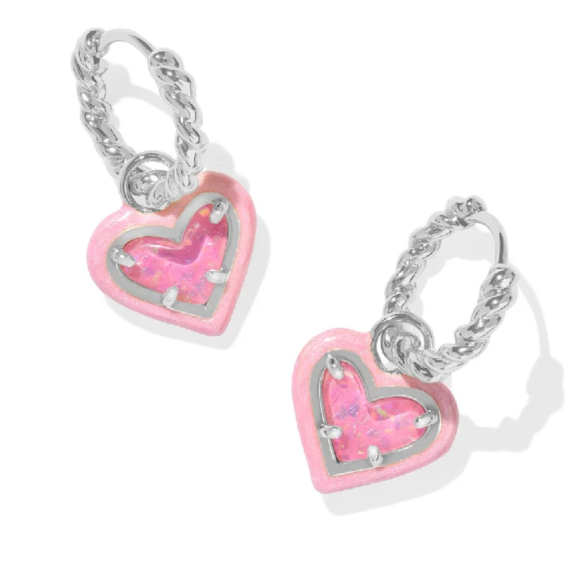 Stud Earrings for Women-Kendra Scott | Ari Heart Silver Enamel Framed Huggie Earrings in Pink Iridescent Glitter Glass