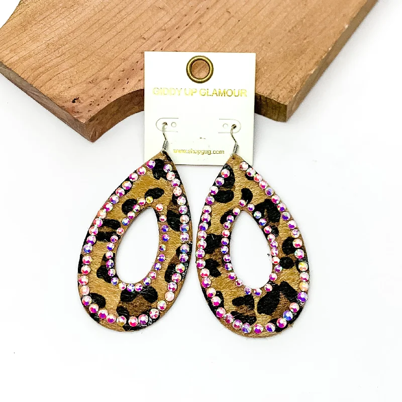 Dainty Gold Earrings-Leopard Print Open Teardrop Earring With AB Crystals