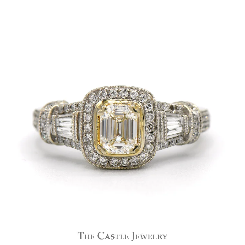 Classic Engagement Ring for Women-Emerald Cut Diamond Engagement Ring with Diamond Halo and Baguette & Round Diamond Accents in 14k White Gold