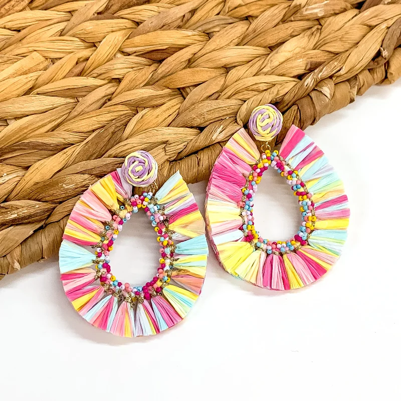 Sparkling Hoop Earrings-Siesta Sunsets Raffia Wrapped Open Teardrop Earrings in Pastel Multicolored