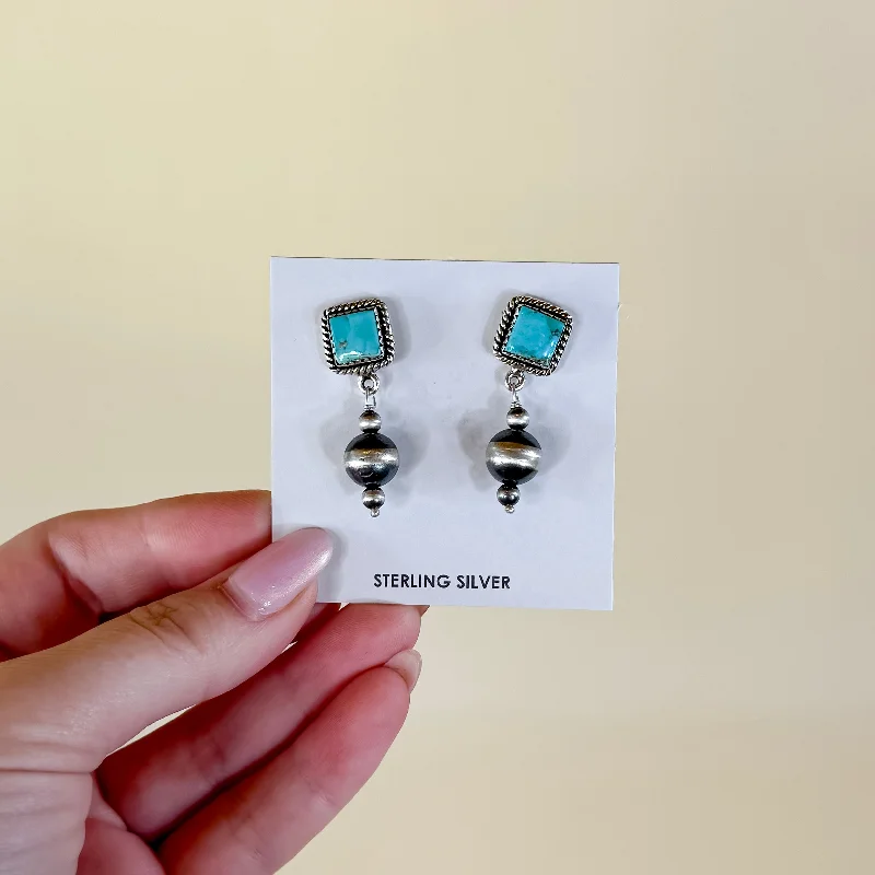 Colorful Gemstone Earrings-Hada Collection | Handmade Sterling Silver Kingman Turquoise and Navajo Pearl Drop Earrings