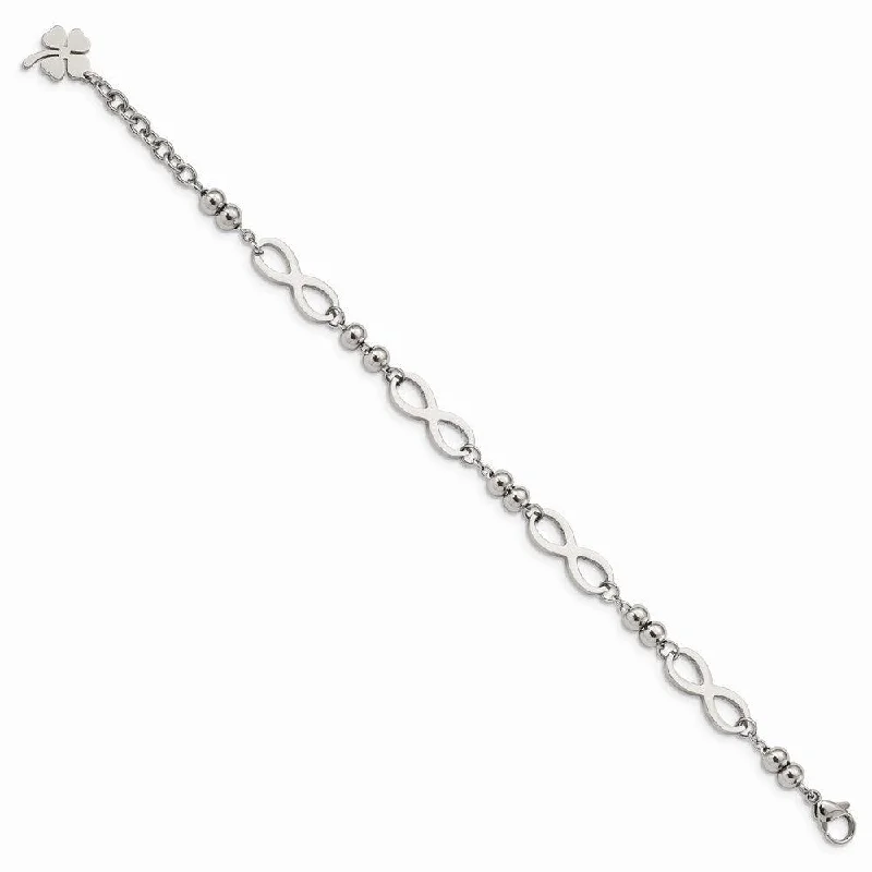 Elegant Men’s Bracelet-Stainless Steel Polished Infinity 4 Leaf Clover w/1in ext 6.5in Bracelet