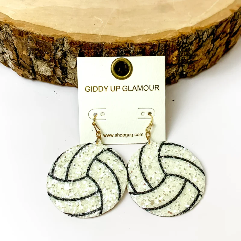 Vintage Dangle Earrings-Circle Drop Glitter Volleyball Earrings in White