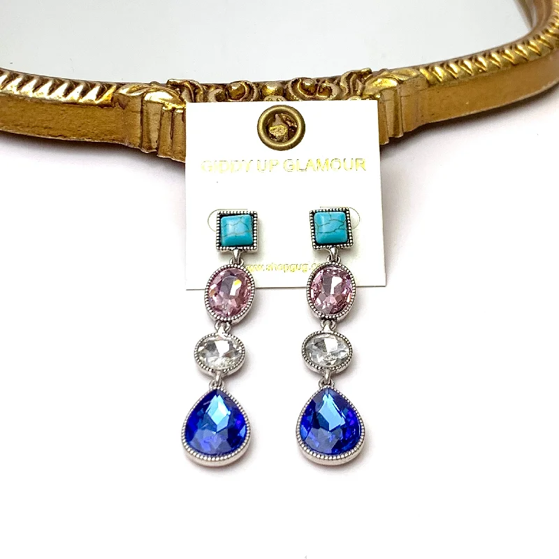 Fashion Earrings for Wedding Day-4 Tier Square Post Faux Turquoise and Light Pink and Blue Crystal Dangle Earrings