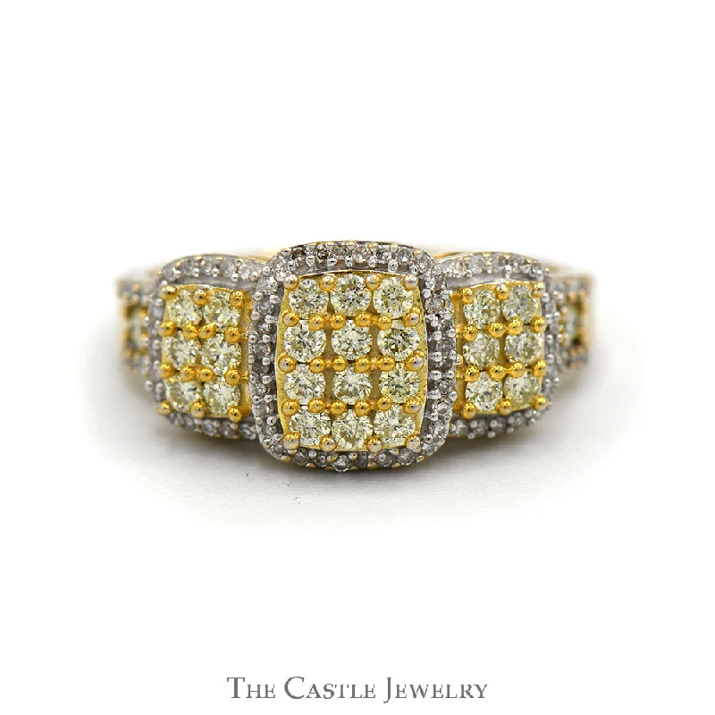 Classic Gold Wedding Band-Triple Fancy Light Yellow Diamond Cluster Ring with Diamond Halo and Accented Sides in 14k Yellow Gold