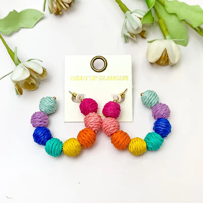 Pearl Hoop Earrings-Sorbet Summer Raffia Ball Hoop Earrings in Multicolor