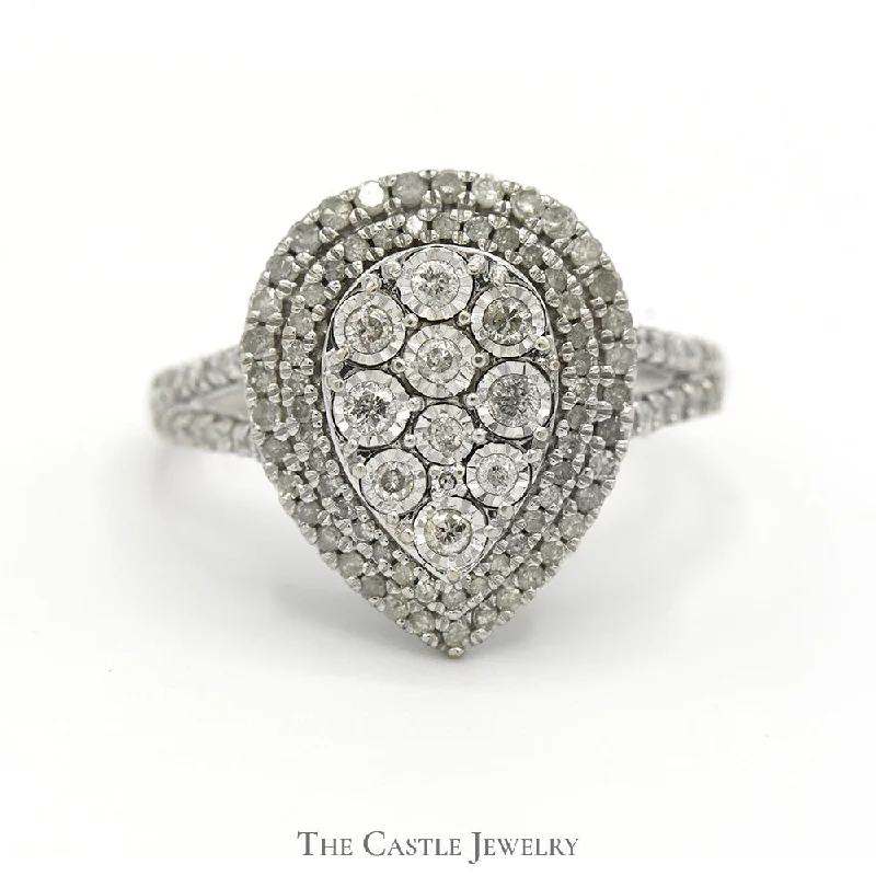 Personalized Wedding Ring-1cttw Pear Shaped Diamond Cluster Ring with Double Halo and Accents in 10k White Gold