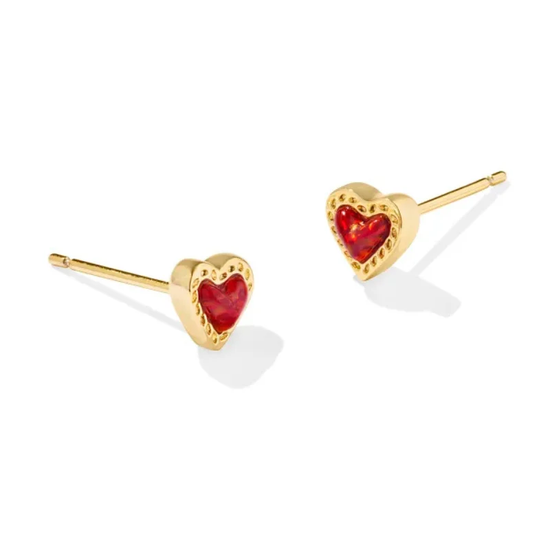 Boho Hoop Earrings-Kendra Scott | Mini Ari Gold Heart Stud Earrings in Red Kyocera Opal