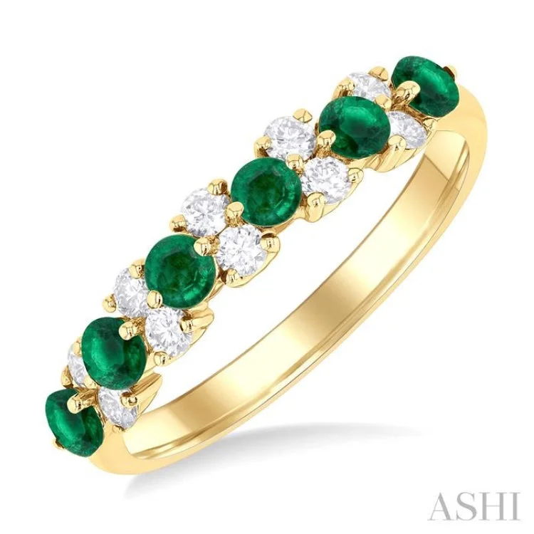 Antique Wedding Ring Set-1/3 ctw Round Cut 2.7MM Emerald and Diamond Precious Band in 14K Yellow Gold