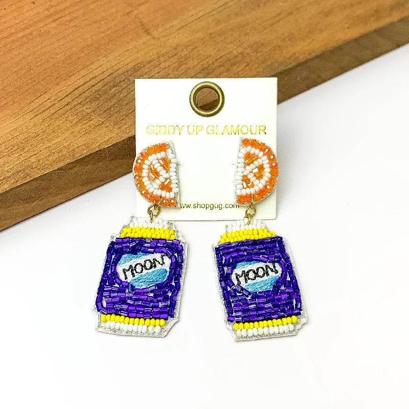 White Gold Earrings-Beaded Blue Beer Can Earrings with Orange Slice Studs