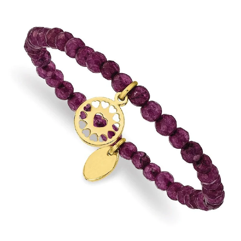 Elegant Rose Gold Wedding Bracelet-Stainless Steel Polished Yellow IP Heart Dark Purple Jade Stretch Bracelet