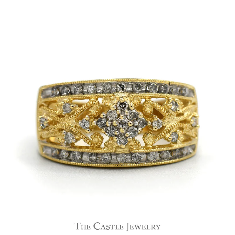 Sparkling Gold Engagement Ring-Flower Diamond Cluster Band with Open Filigree Design in 14k Yellow Gold