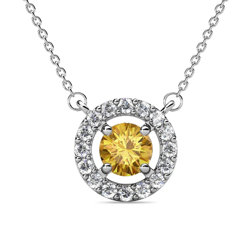 Luxury Gemstone Necklace-Royal 18k White Gold Plated November Birthstone Halo Necklace with Round Cut Citrine Swarovski Crystals