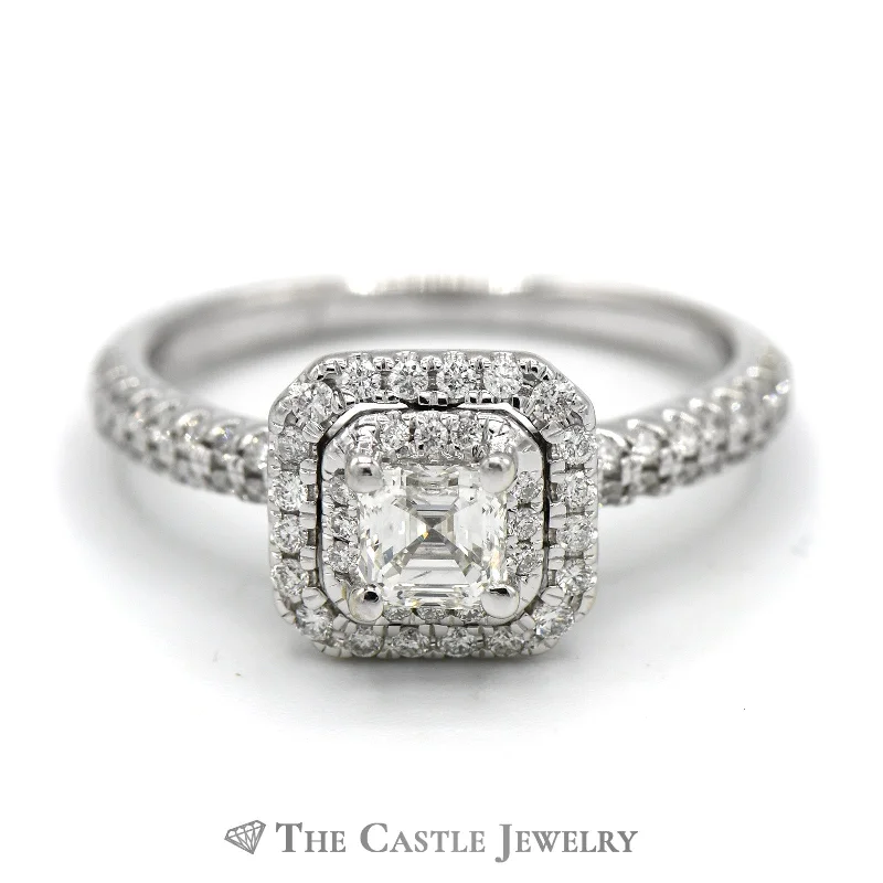 Heart Shaped Engagement Ring-Asscher Cut Diamond Ring with Double Diamond Halo in 14k White Gold Cathedral Mounting