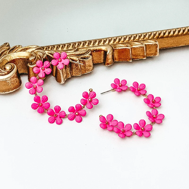 Gemstone Earrings for Brides-Market Flowers Gold Tone Hoop Earrings with Flower Charms in Hot Pink