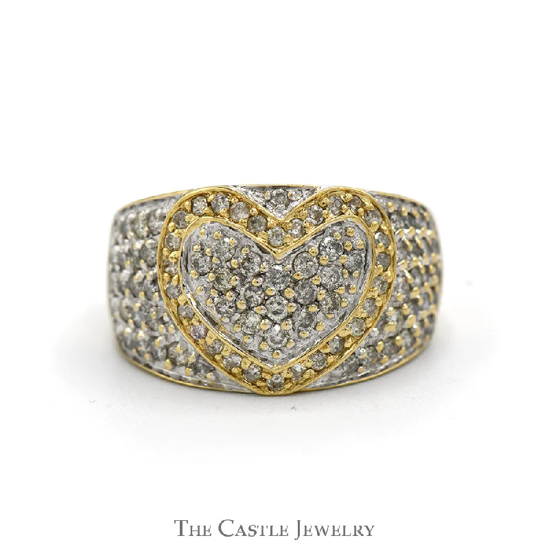 Wedding Rings for Couples-1.25cttw Heart Shaped Diamond Cluster Ring with Diamond Cluster Sides in 14k Yellow Gold